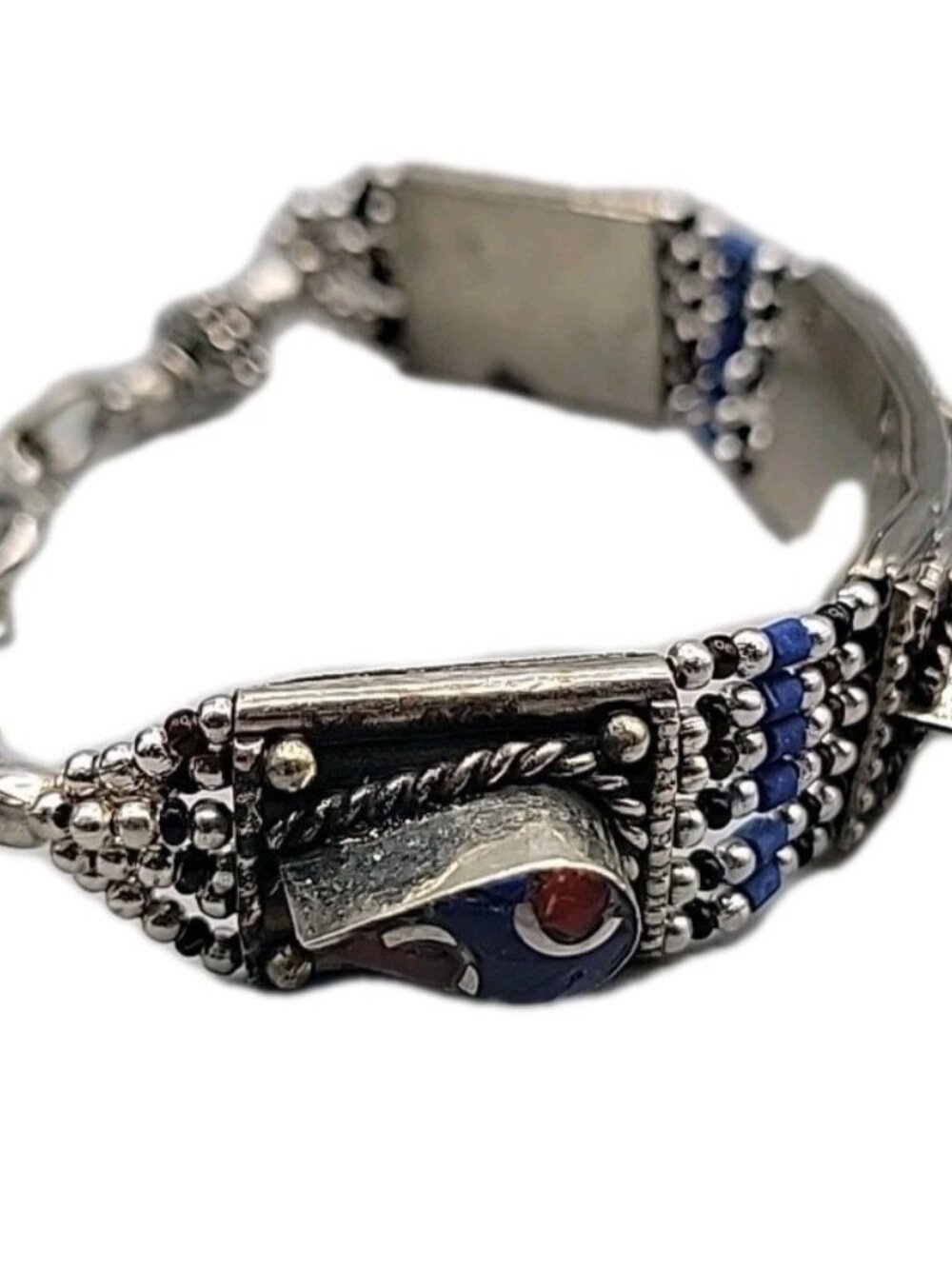 Vintage Tibetan Nepalese Silver Inlay Bracelet Lapis Coral 7.5” Ethnic Boho - Picture 3 of 16